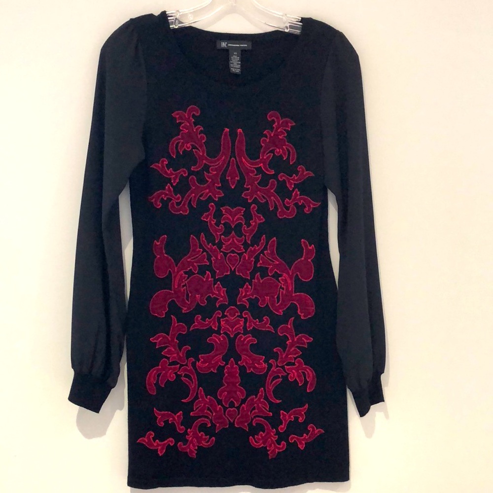 Knit, velvet dress. Red, black. Long sheer sleeves. Size XS. Great condition